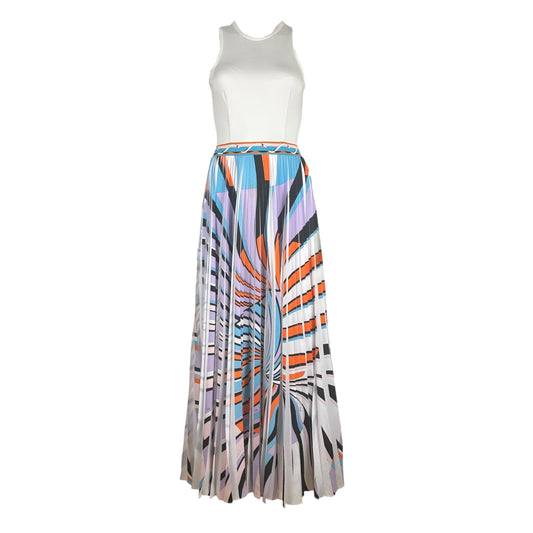 Emilio Pucci Pleated Multicolor Printed Silk Maxi Skirt