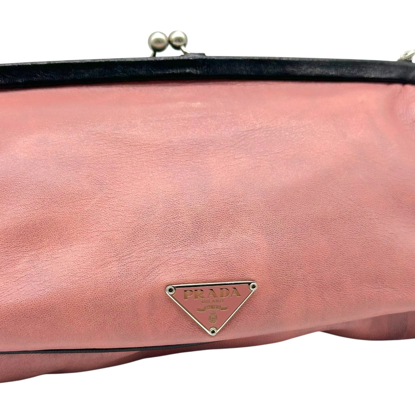 Prada Pink Black Floral Applique Clutch Bag