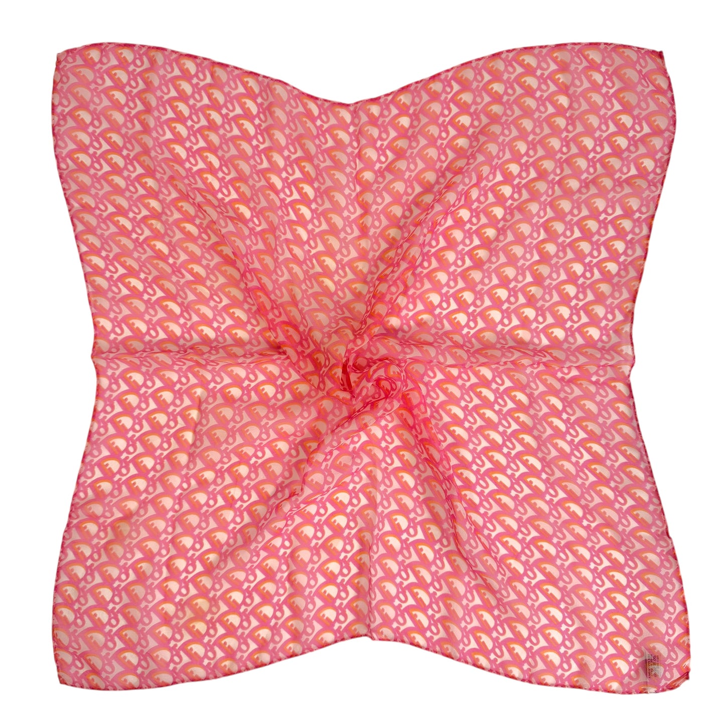 Christian Dior Bright Pink & Orange Trotter Monogram Print Sheer Square Silk Scarf