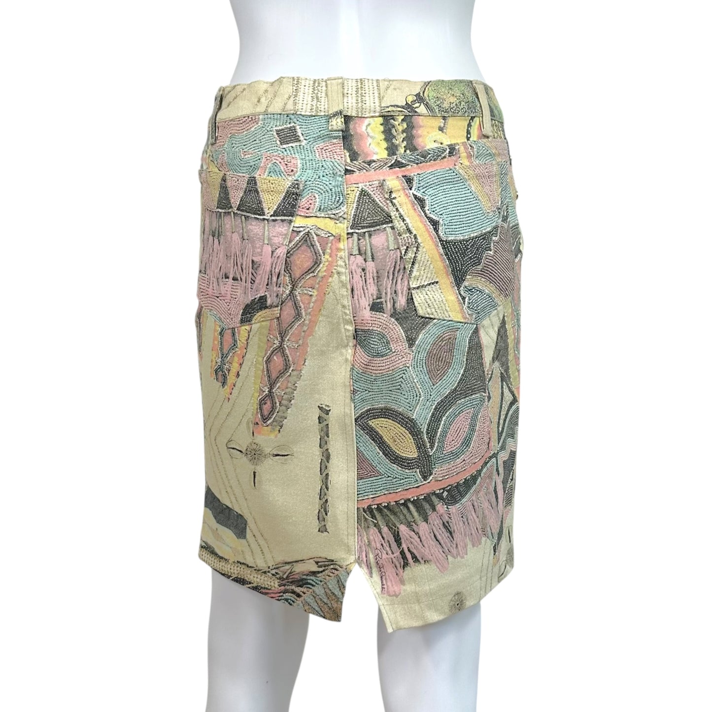 Roberto Cavalli S/S 2003 Glitter & Pastel Printed Denim Midi Skirt