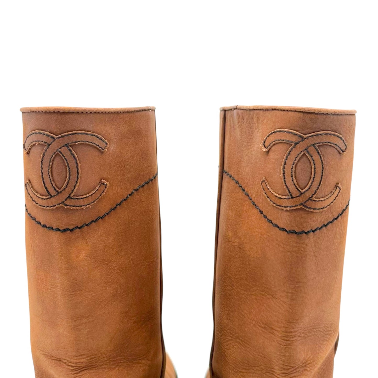 Chanel Brown Leather Logo Back Western Boots