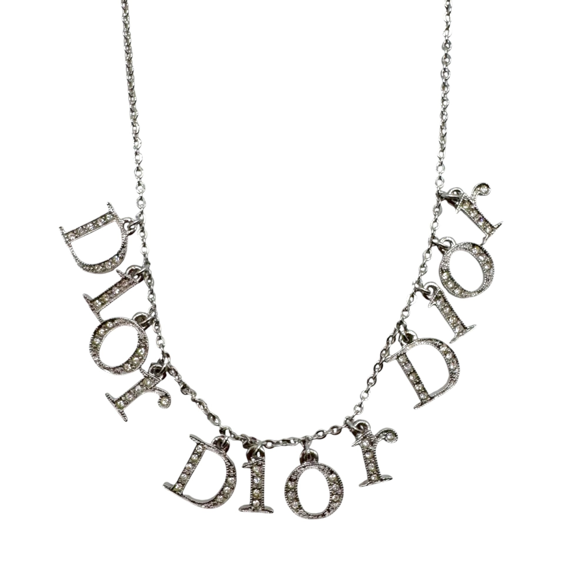 Christian Dior Silver Crystal Triple Logo Charm Necklace