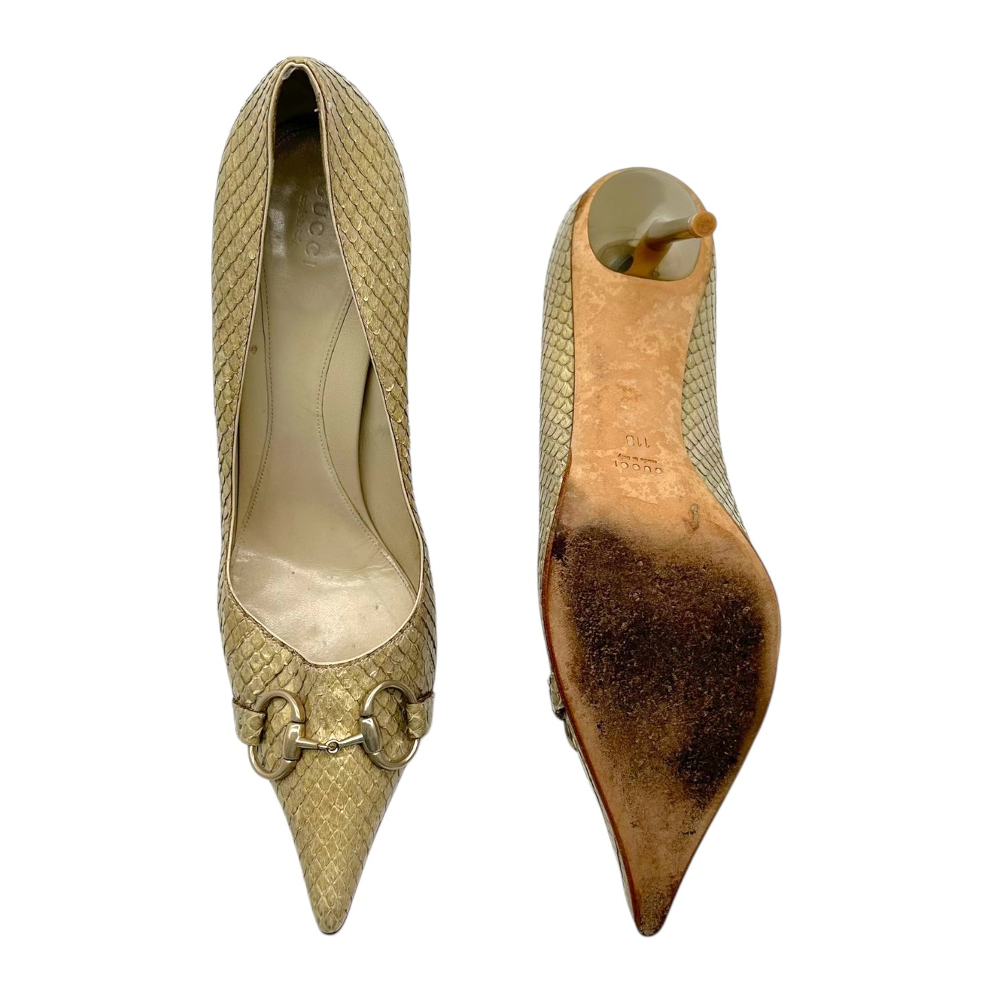 Gucci Ivory Python Horsebit Pointed Toe Heels