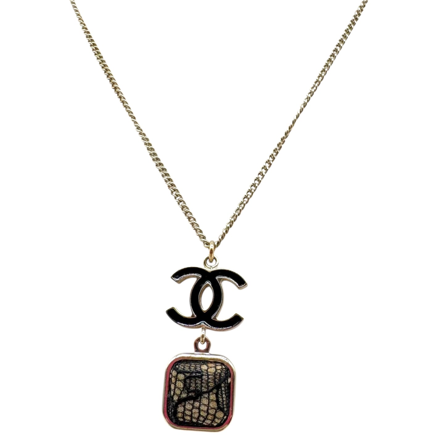 Chanel Pink & Black Lace Logo Larait Charm Necklace Autumn 2006