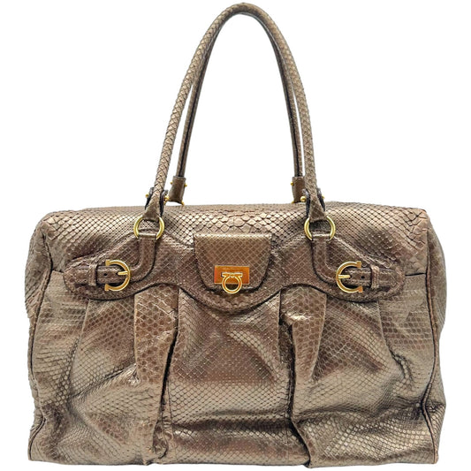 Salvatore Ferragamo Metallic Brown Python Shoulder Tote Bag