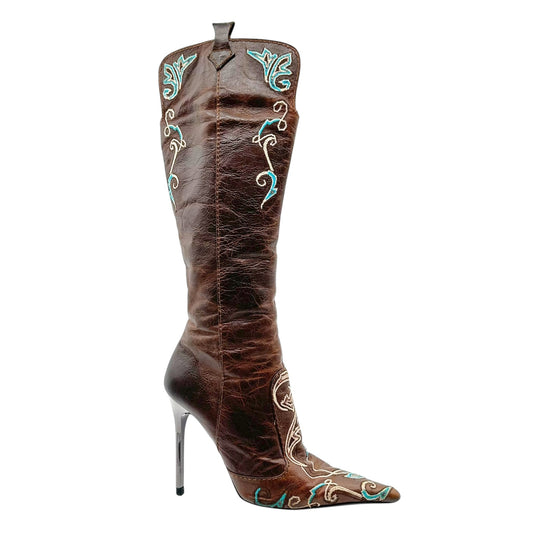 Roberto Cavalli Brown Embroidered Heeled Western Boots