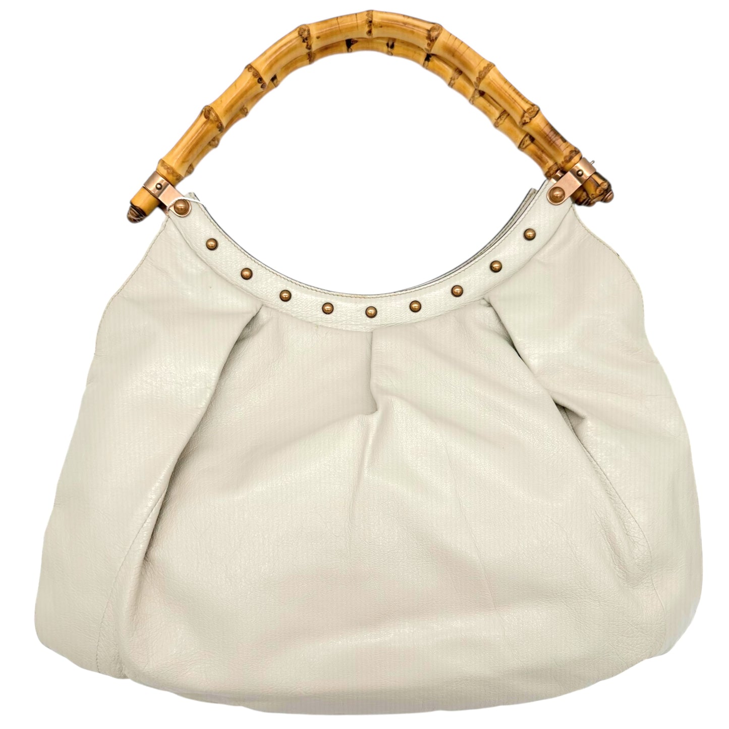 Gucci Ivory Leather Bamboo Handle Studded Shoulder Bag