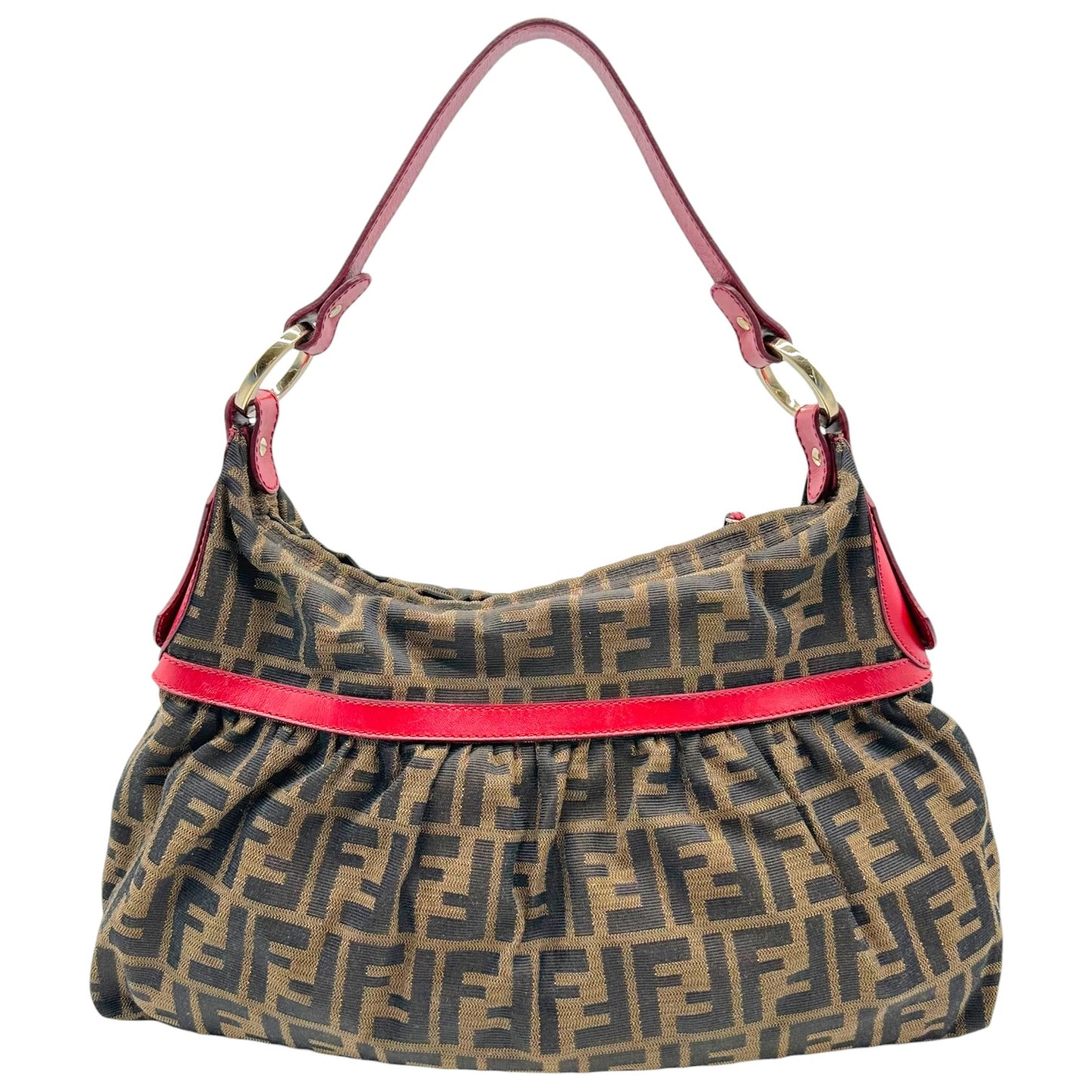 Fendi Zucca Monogram Shoulder Bag Red Leather Trim
