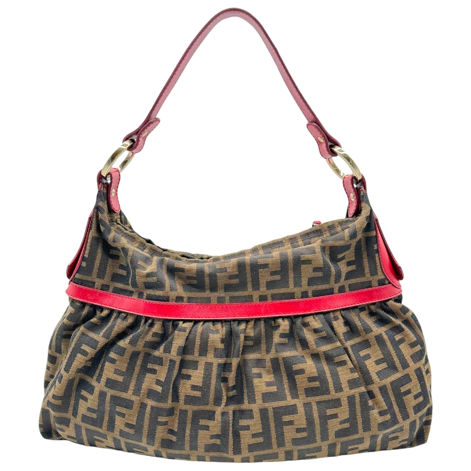 Fendi Zucca Monogram Shoulder Bag Red Leather Trim