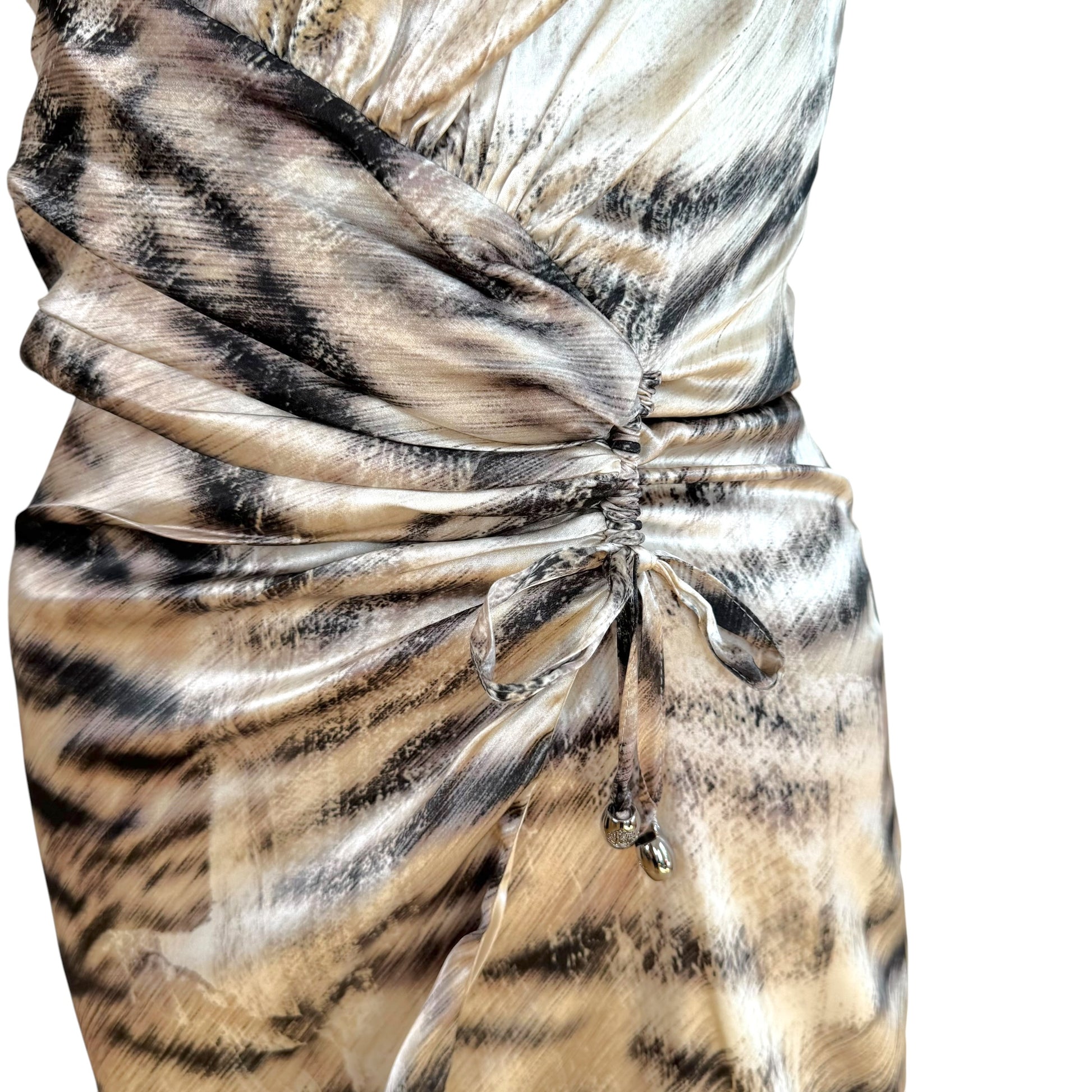 Roberto Cavalli Gray Tiger Print Silk Wrap Midi Dress
