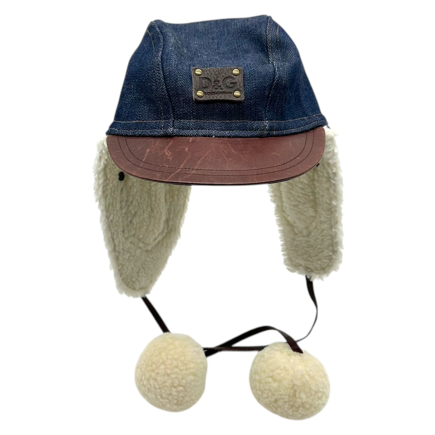 D&G Dolce & Gabbana Leather & Denim Trapper Hat NEW
