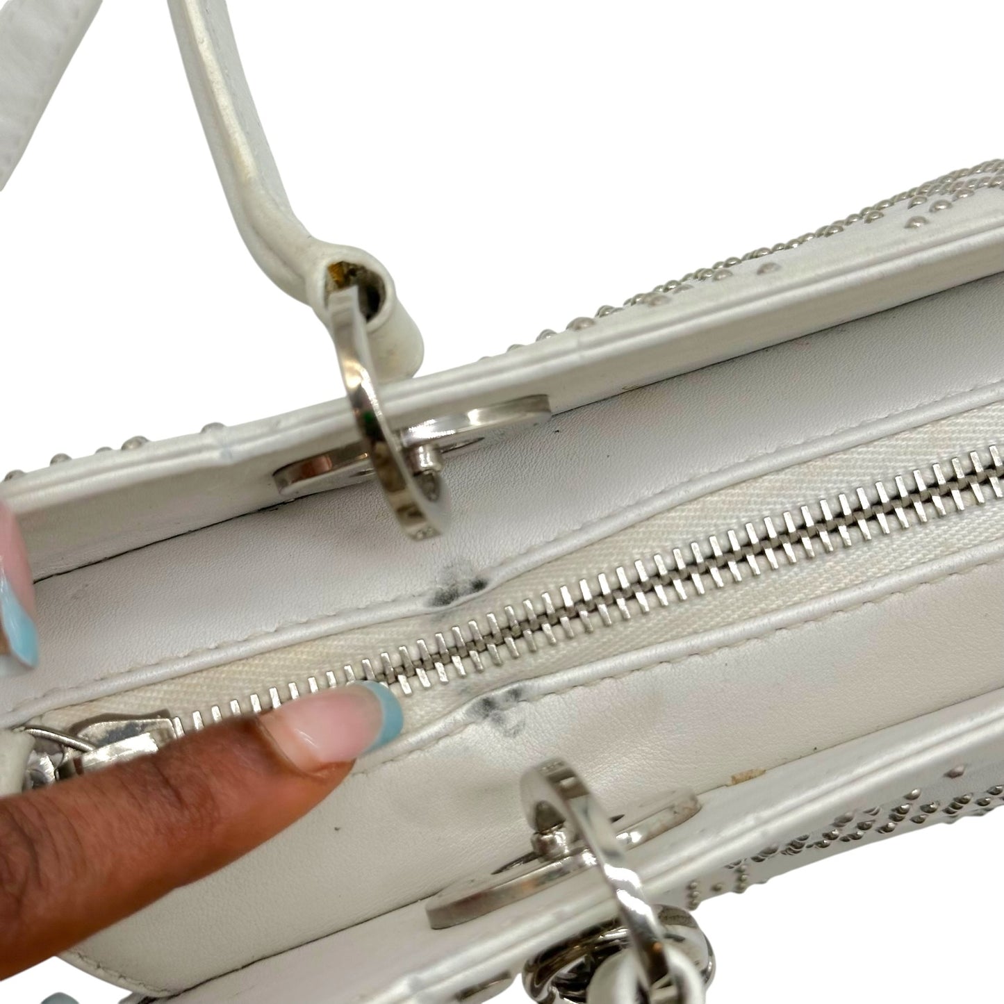Christian Dior White Leather Studded East-West Bag