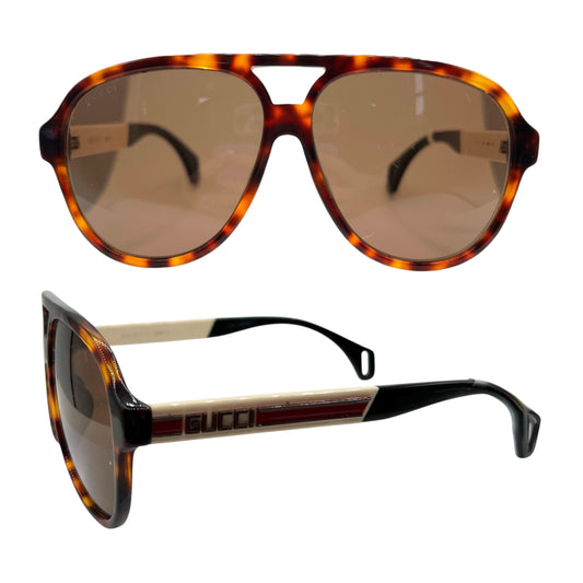 Gucci Tortoise & White Monogram Side Oversized Aviator Sunglasses w/ Case
