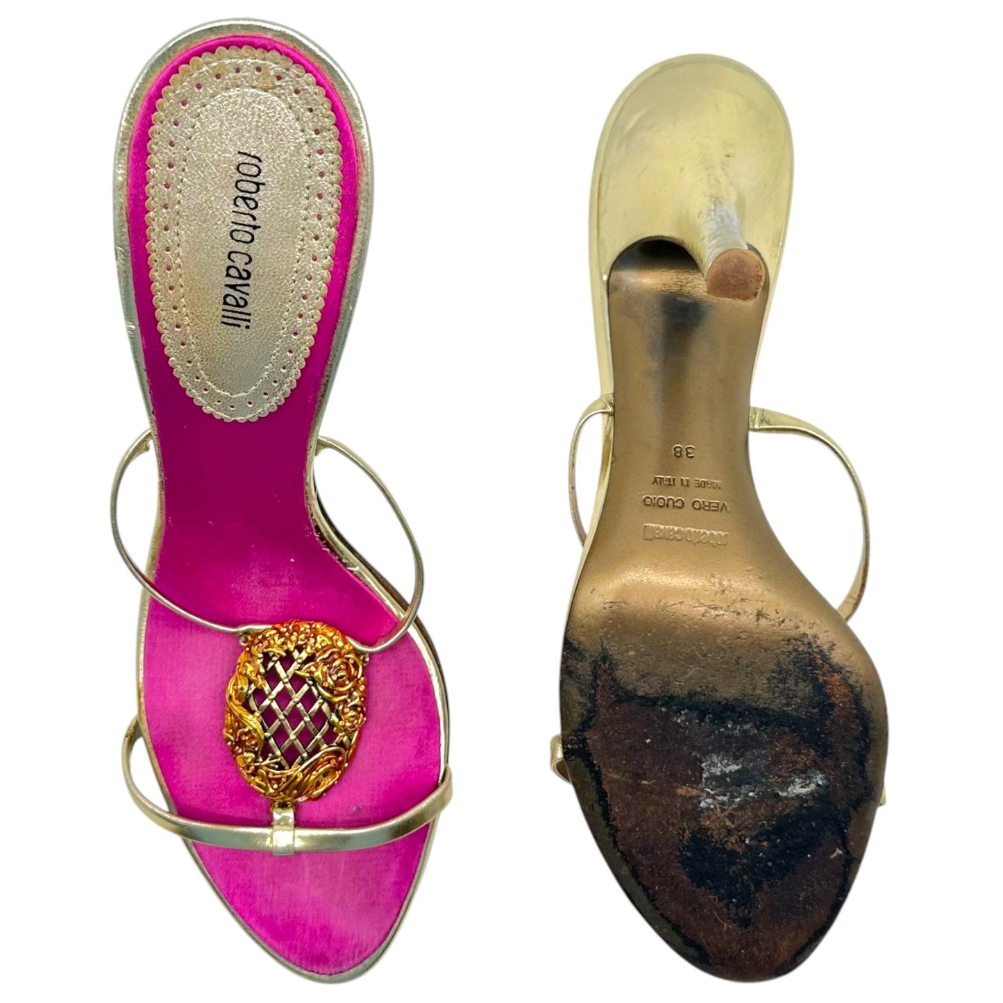 Roberto Cavalli Strappy Heeled Sandals Gold Pink Rose