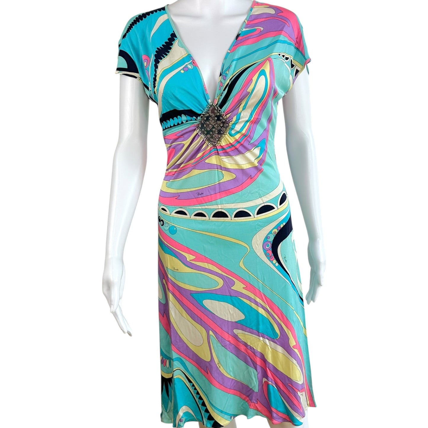 Emilio Pucci Blue & Pink Embellished Silk Midi Dress