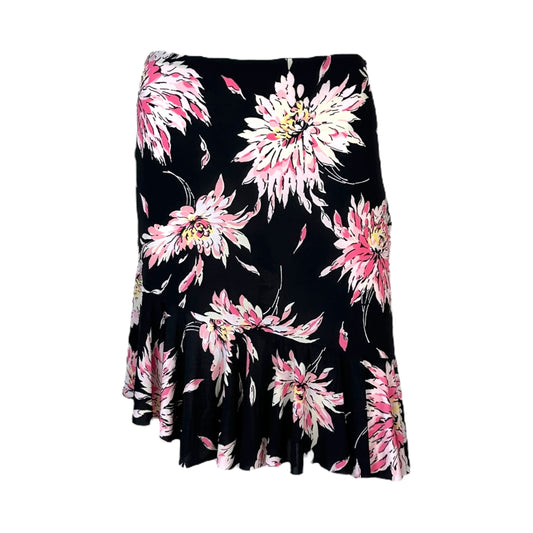 Blumarine Black & Pink Floral Bias Cut Midi Skirt