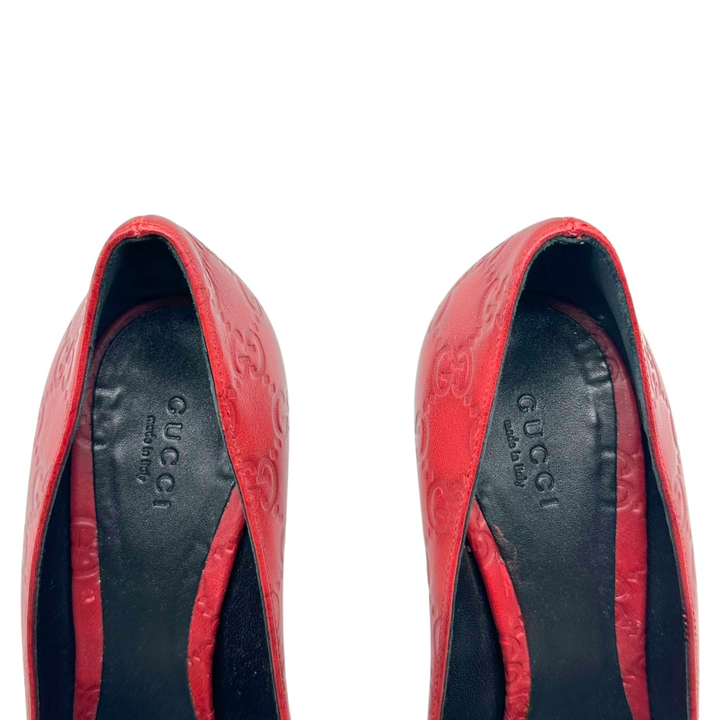 Gucci Red Guccissima Embossed Monogram Peep Toe Pumps
