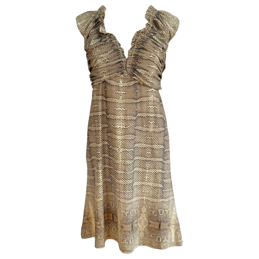 Roberto Cavalli Off-Shoulder Mini Dress Brown Snakeskin Print