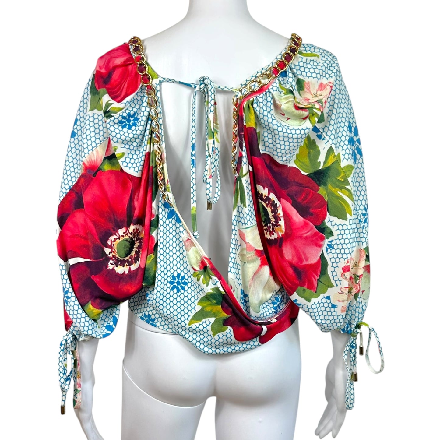 D&G Dolce & Gabbana Blue Floral Print Chain Embellished Crop Blouse Top