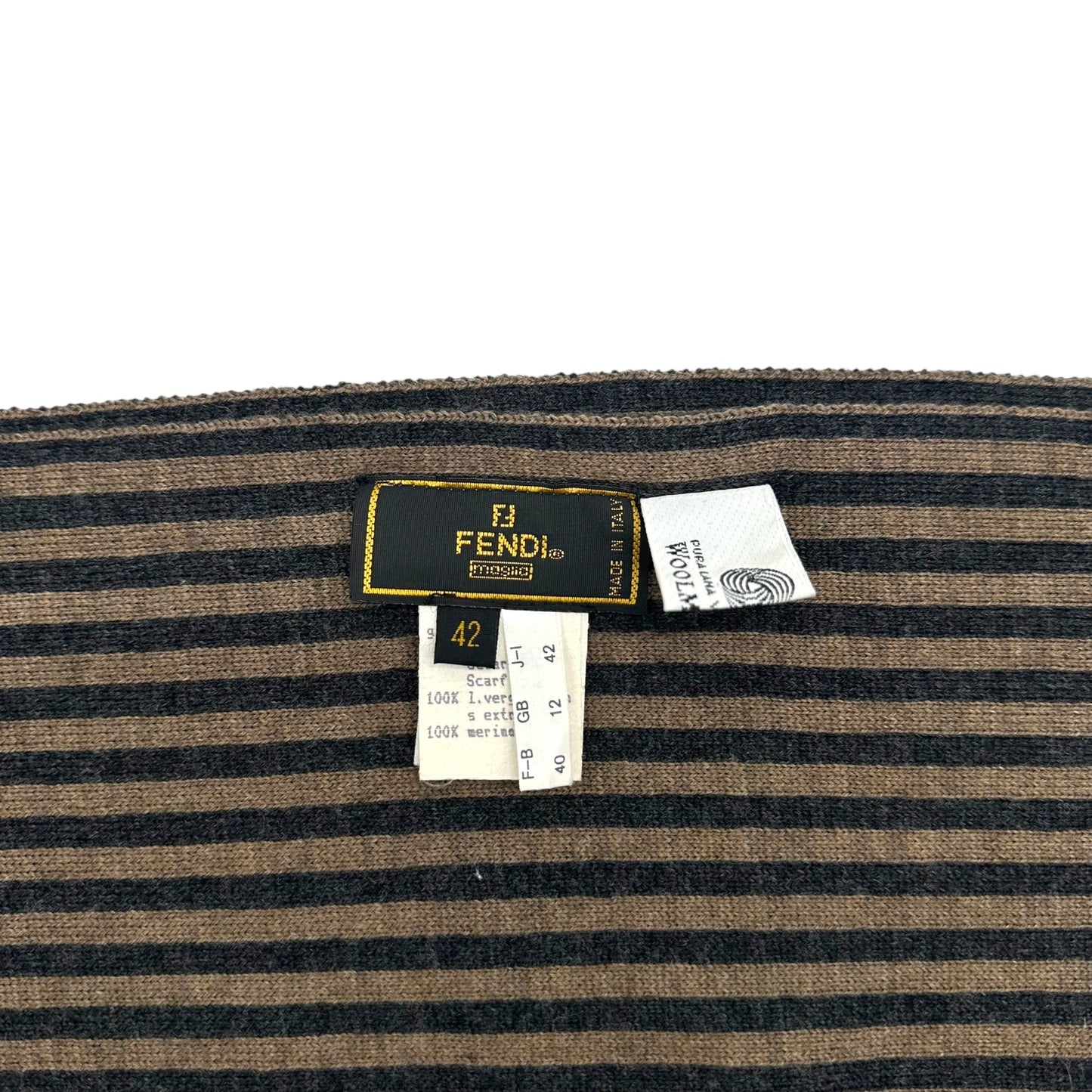 Fendi Gray & Tan Zucca Logo Striped Wool Scarf
