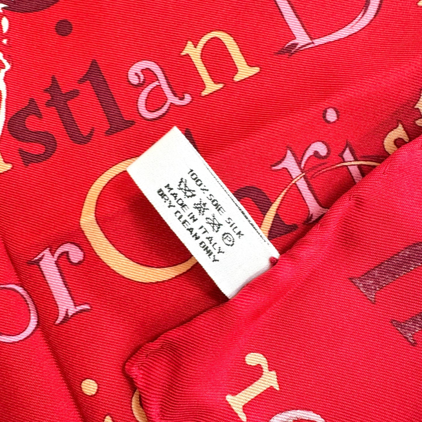 Christian Dior Red Logo & Malice Pearl Bag Print Silk Square Scarf