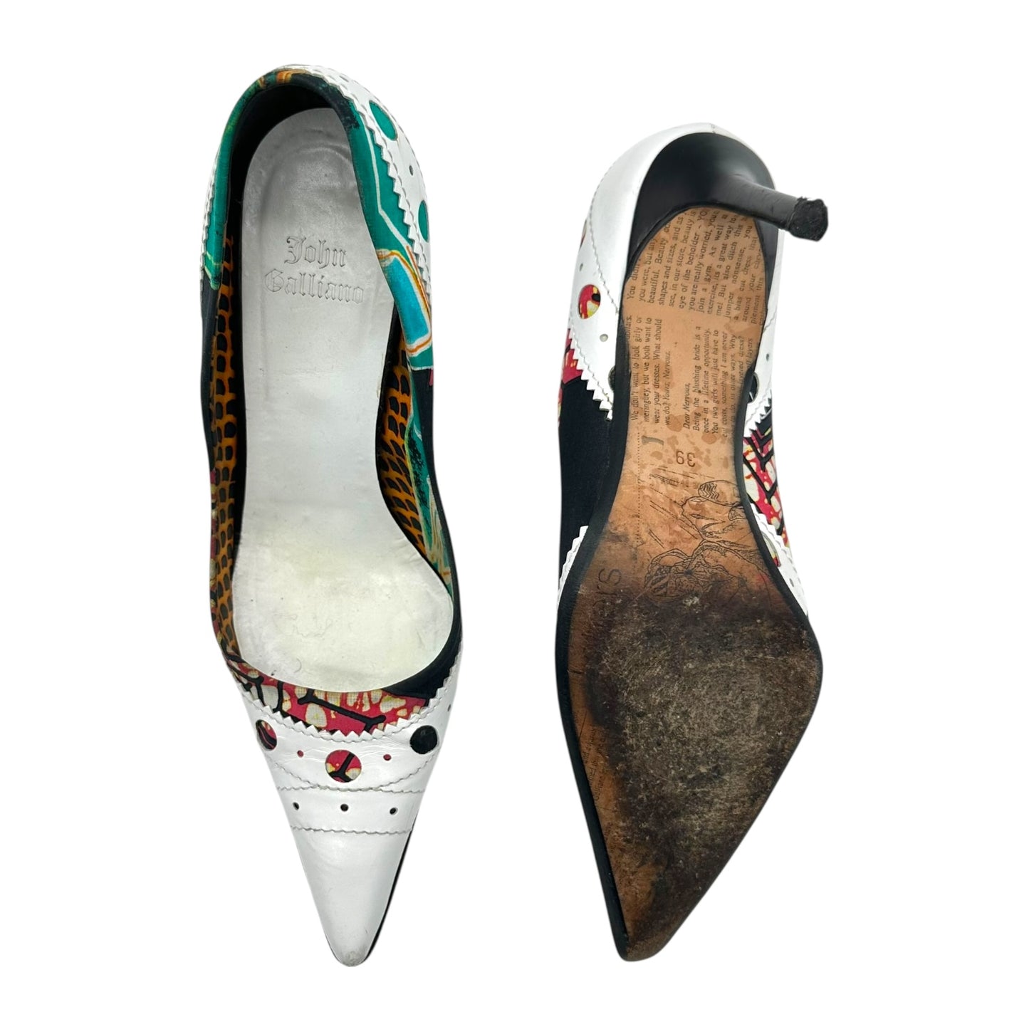 John Galliano Printed Silk & White Leather Pointed Heels