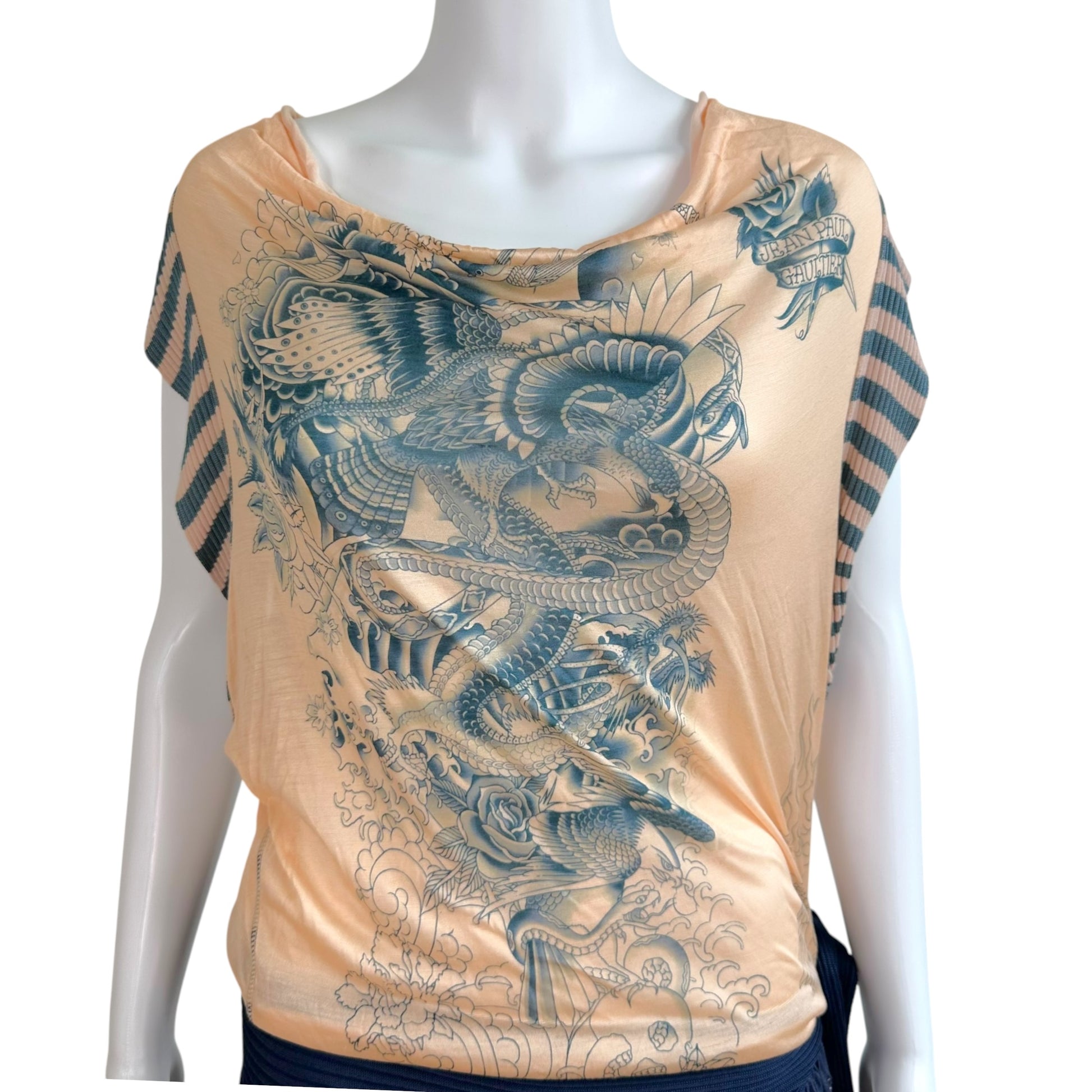 Jean Paul Gaultier Mini Dress Nude Navy Blue Tattoo Print