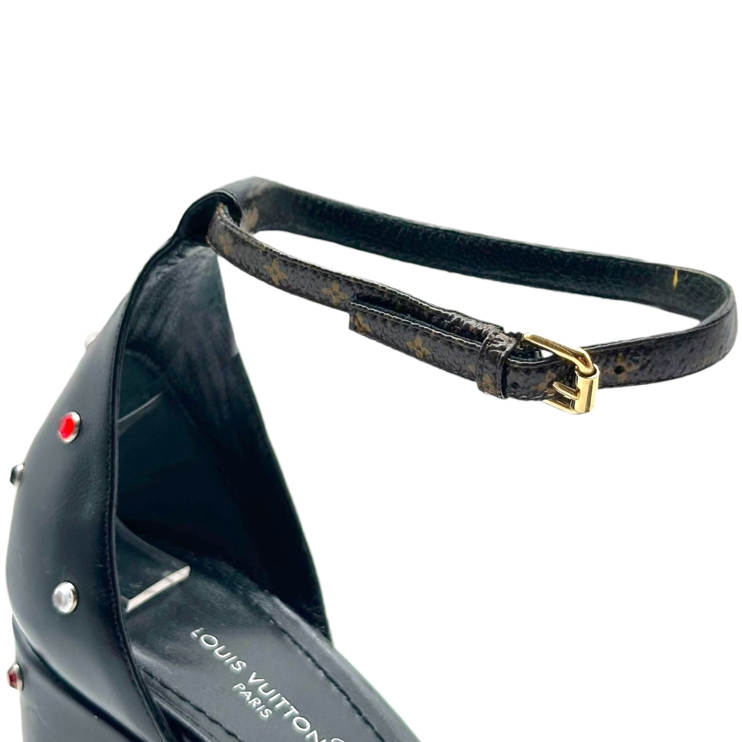 Louis Vuitton 2023 Multicolor Rhinestone Studded Black Leather Platform Sandals
