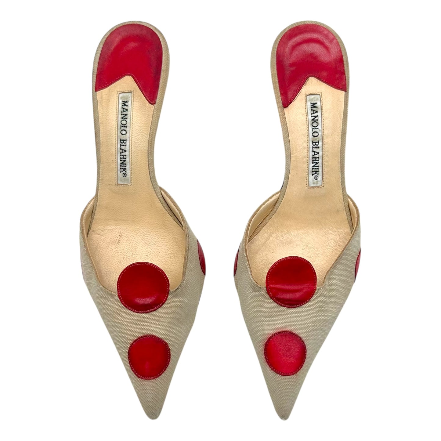 Manolo Blahnik Ivory & Red Polka Dot Kitten Heel Mules - Outfit Repeater