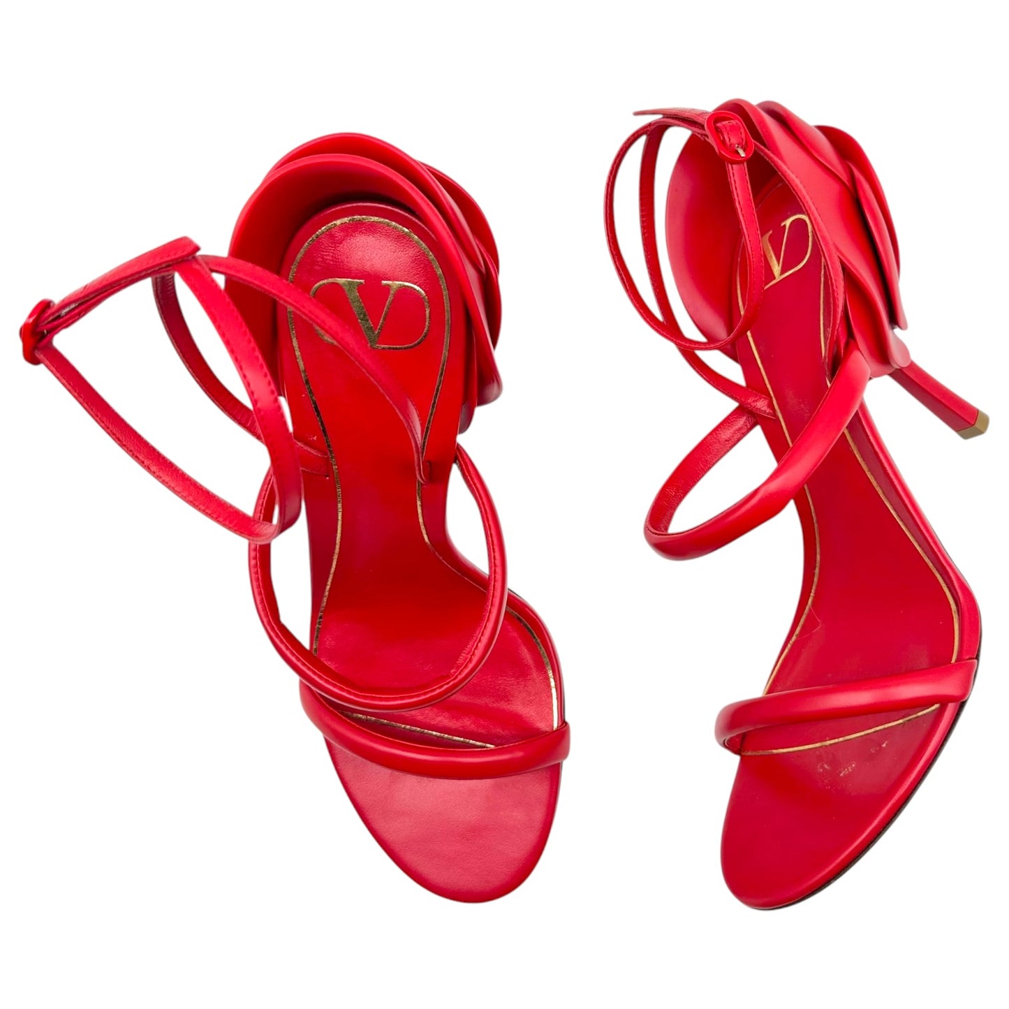 Valentino Garavani Red Leather Flower Heel Strappy Sandal Pumps