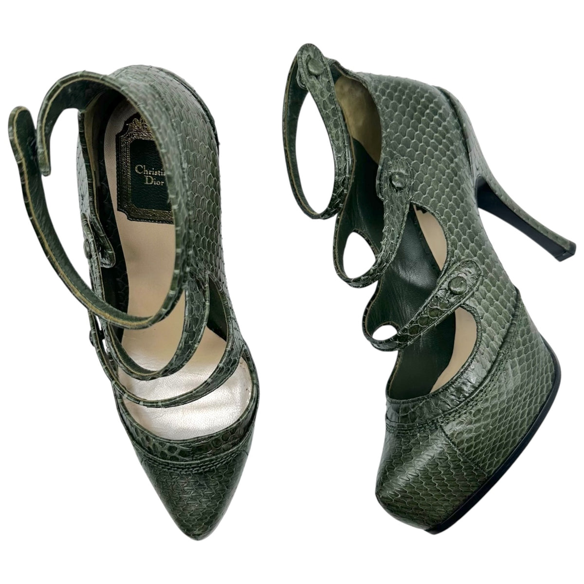 Christian Dior Forest Green Python Multi-Strap Platform Pumps