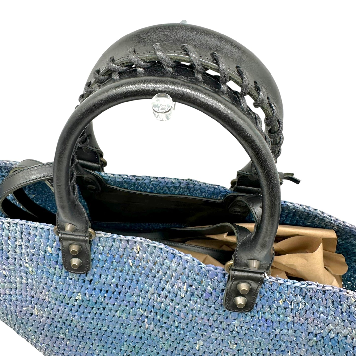 Balenciaga Large 2-Way City Beach Bag Blue Raffia Black Leather