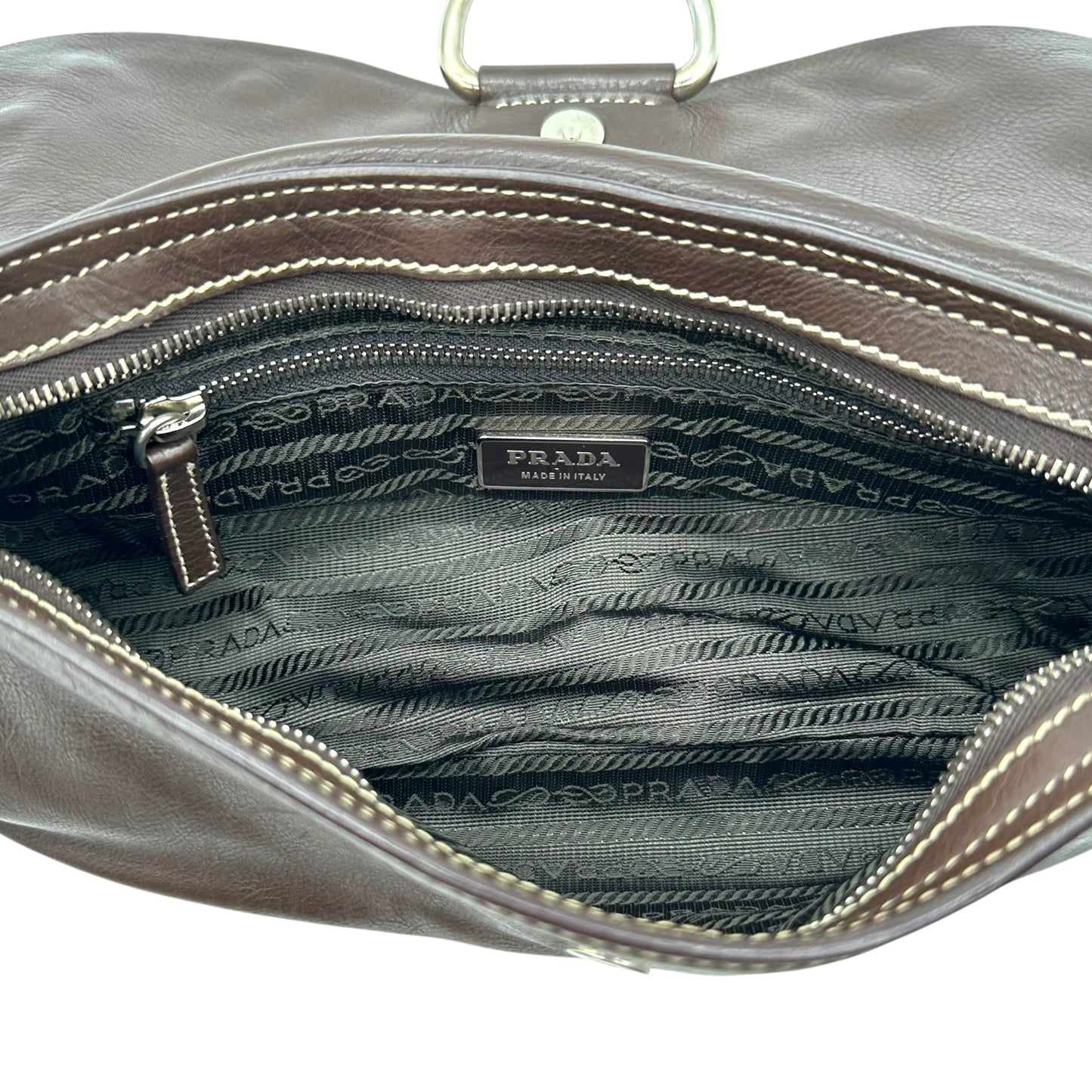 Prada Brown Leather Mixed Metal Studded Shoulder Bag
