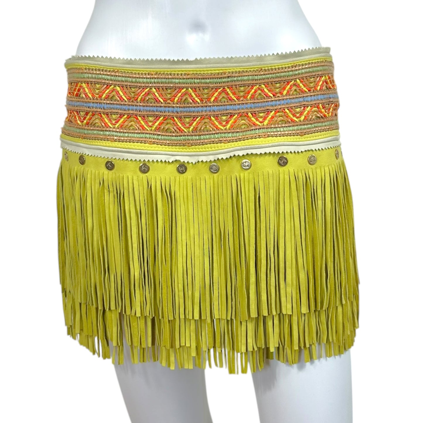 Just Cavalli Roberto Cavalli Bright Yellow Multicolor Suede Fringe Mini Skirt