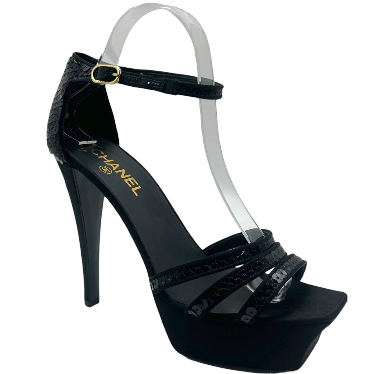 Chanel Black Strappy Sequin Platform Heeled Sandals