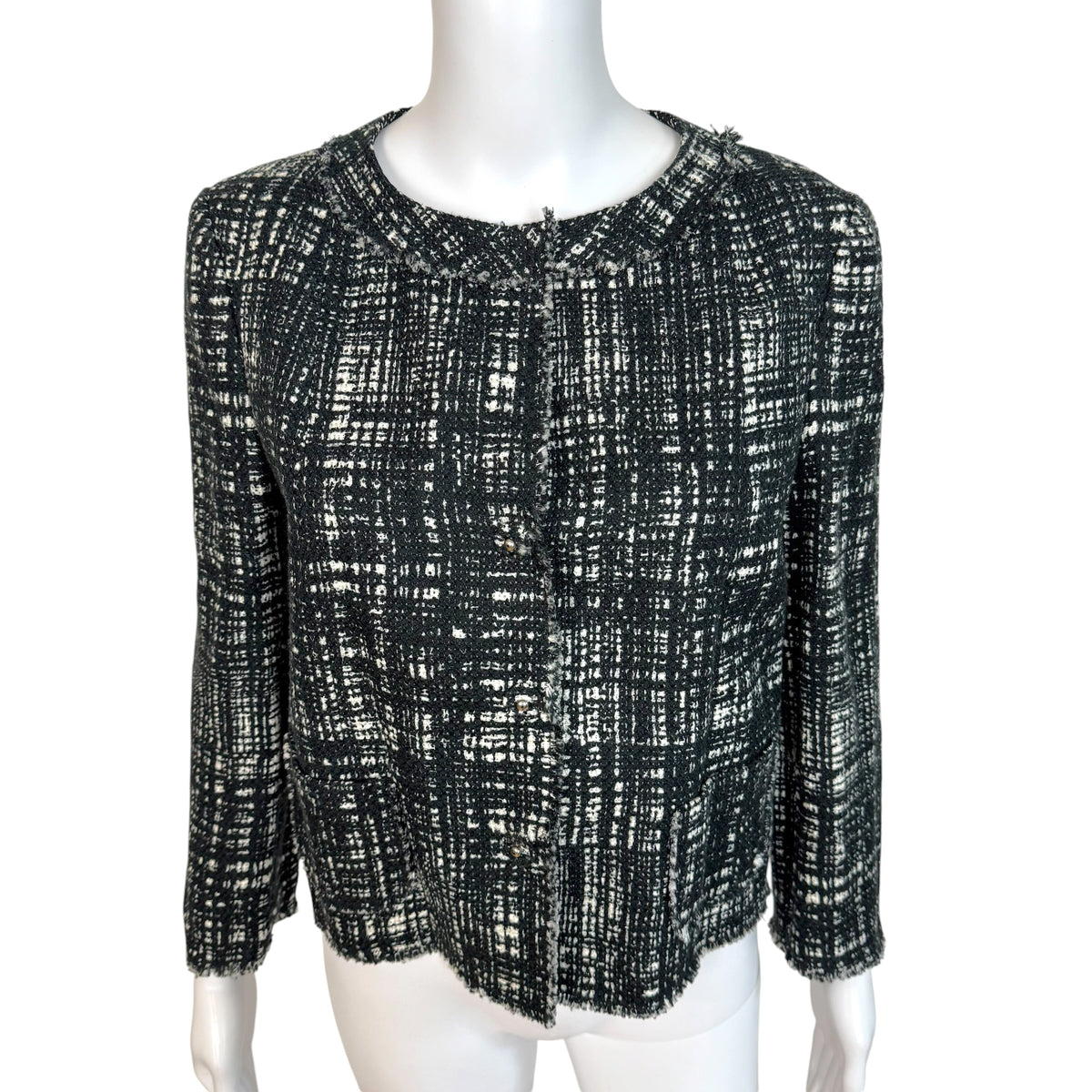 Prada Black White Tweed Silk Jacket Round Neckline