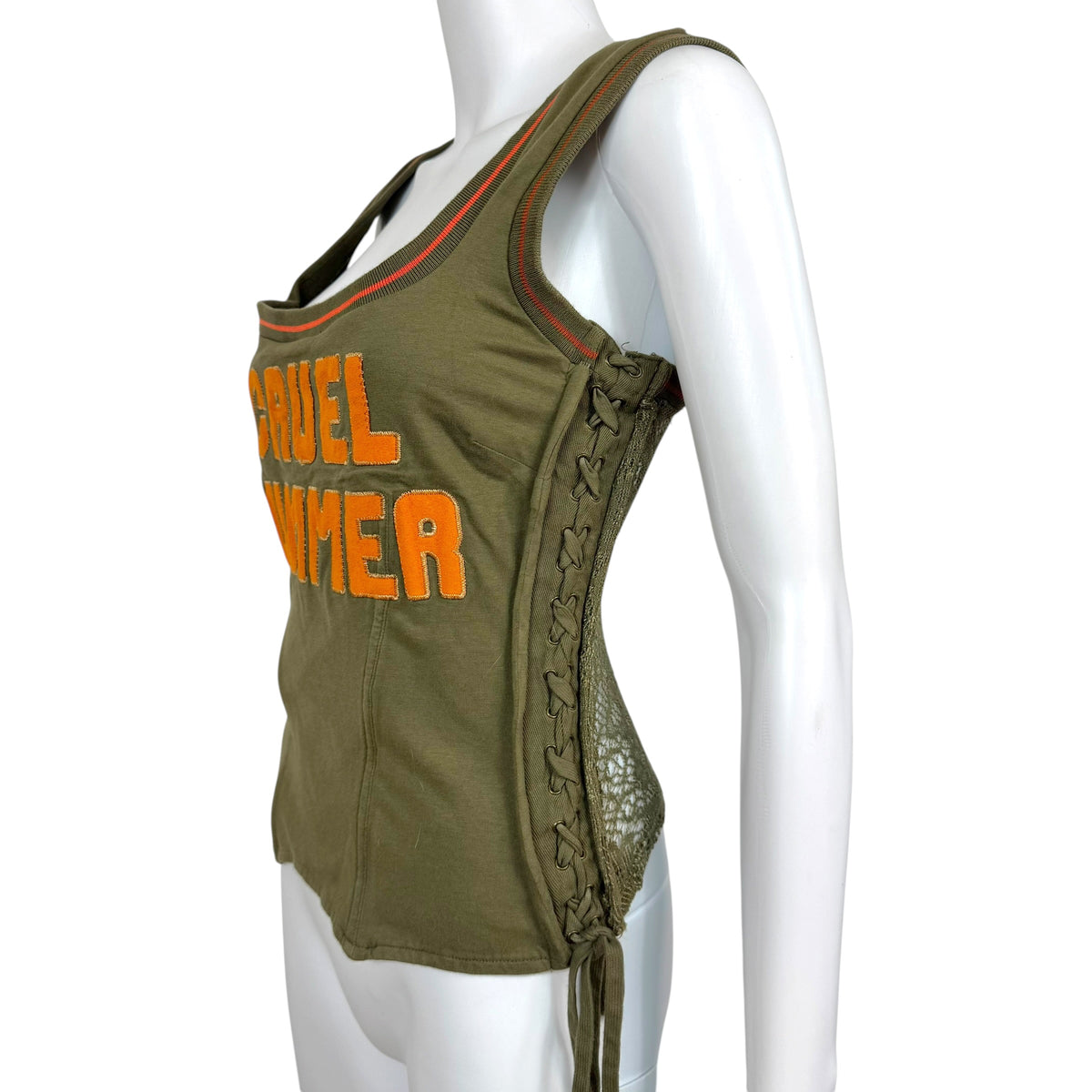D&G Dolce & Gabbana Khaki Green & Orange 'Cruel Summer Lace-Back Corset Top