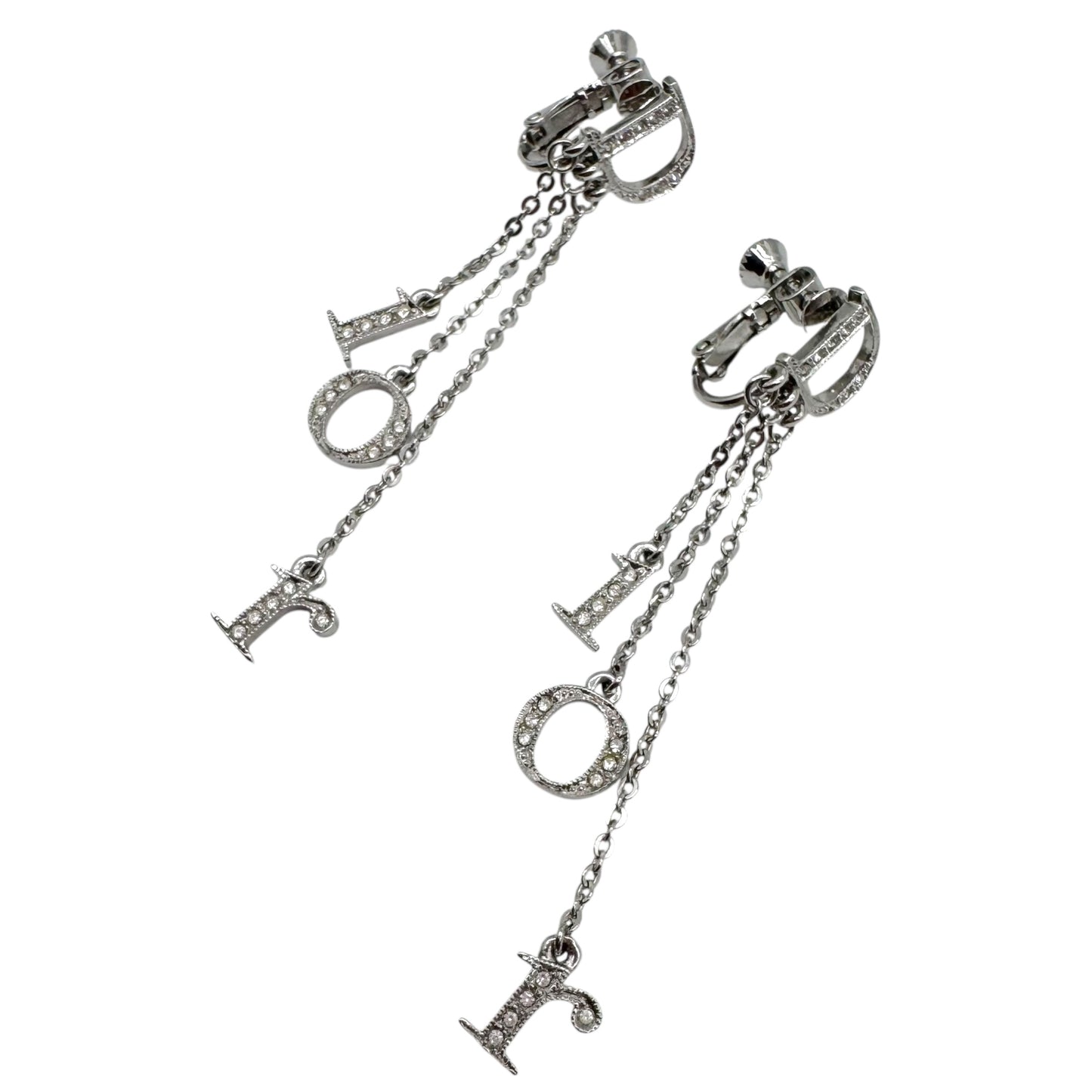 Christian Dior Silver Crystal Dangly Spell-Out Logo Clip-On Earrings