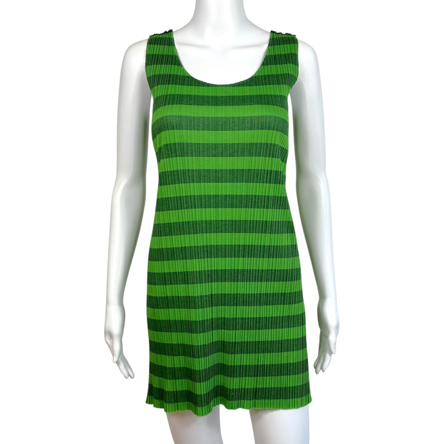 Issey Miyake Pleats Please Green Striped Sleeveless Pleated Mini Dress
