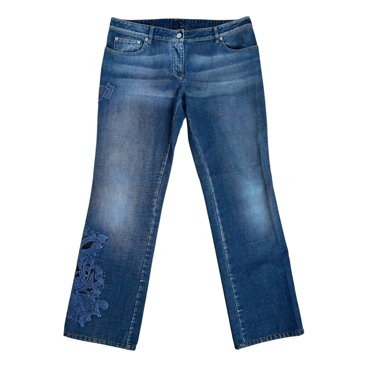 Fendi Dark Wash Denim Jeans With Beaded Logo Embroidery
