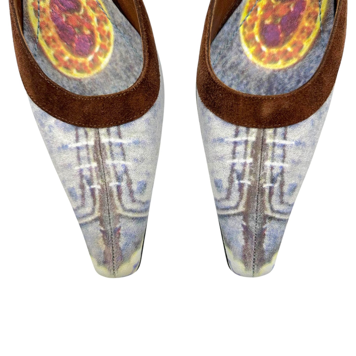 Casadei Denim Print Brown Suede Kitten Heel Mules