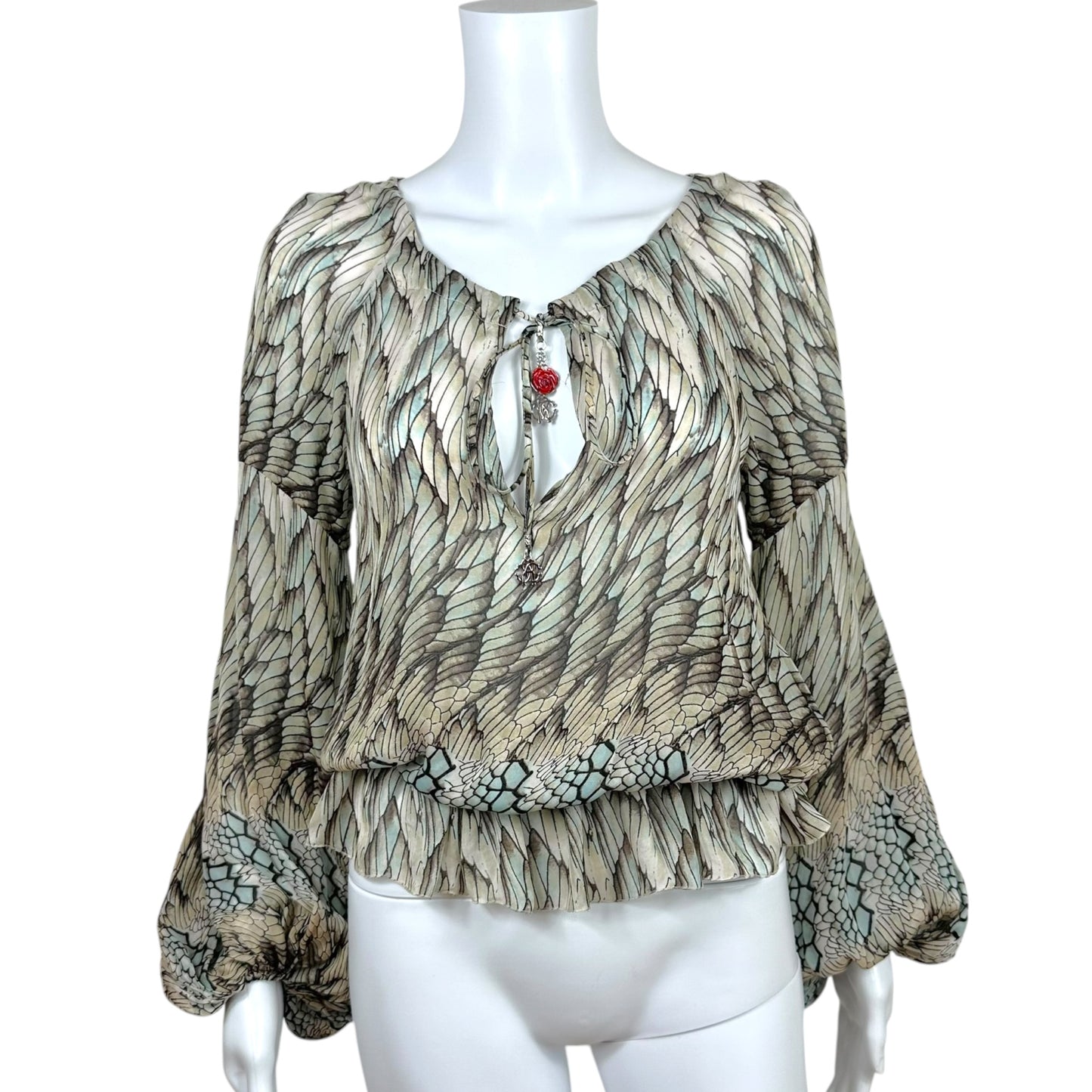 Roberto Cavalli 2006 Blue & Brown Feather Print Silk Peasant Blouse