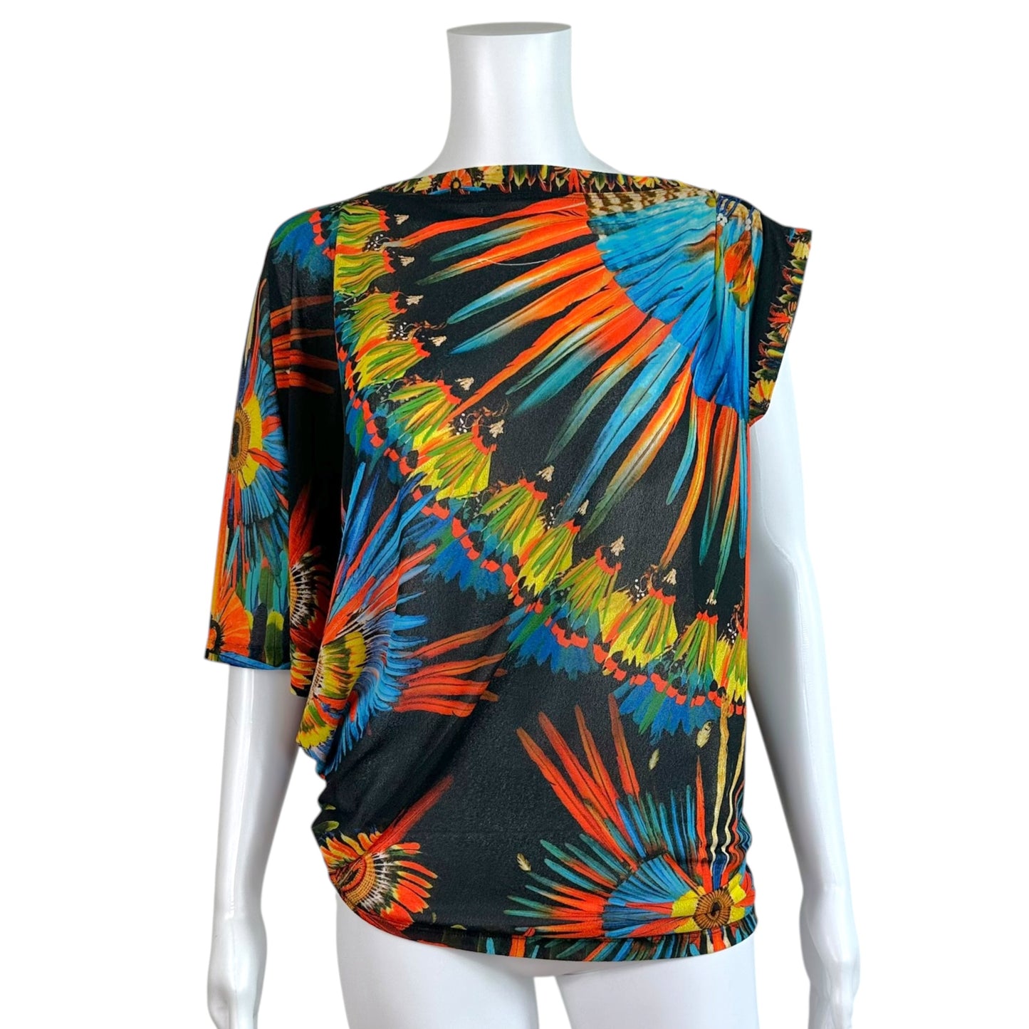 Jean Paul Gaultier Asymmetrical Mesh Top Multicolor Feather Print