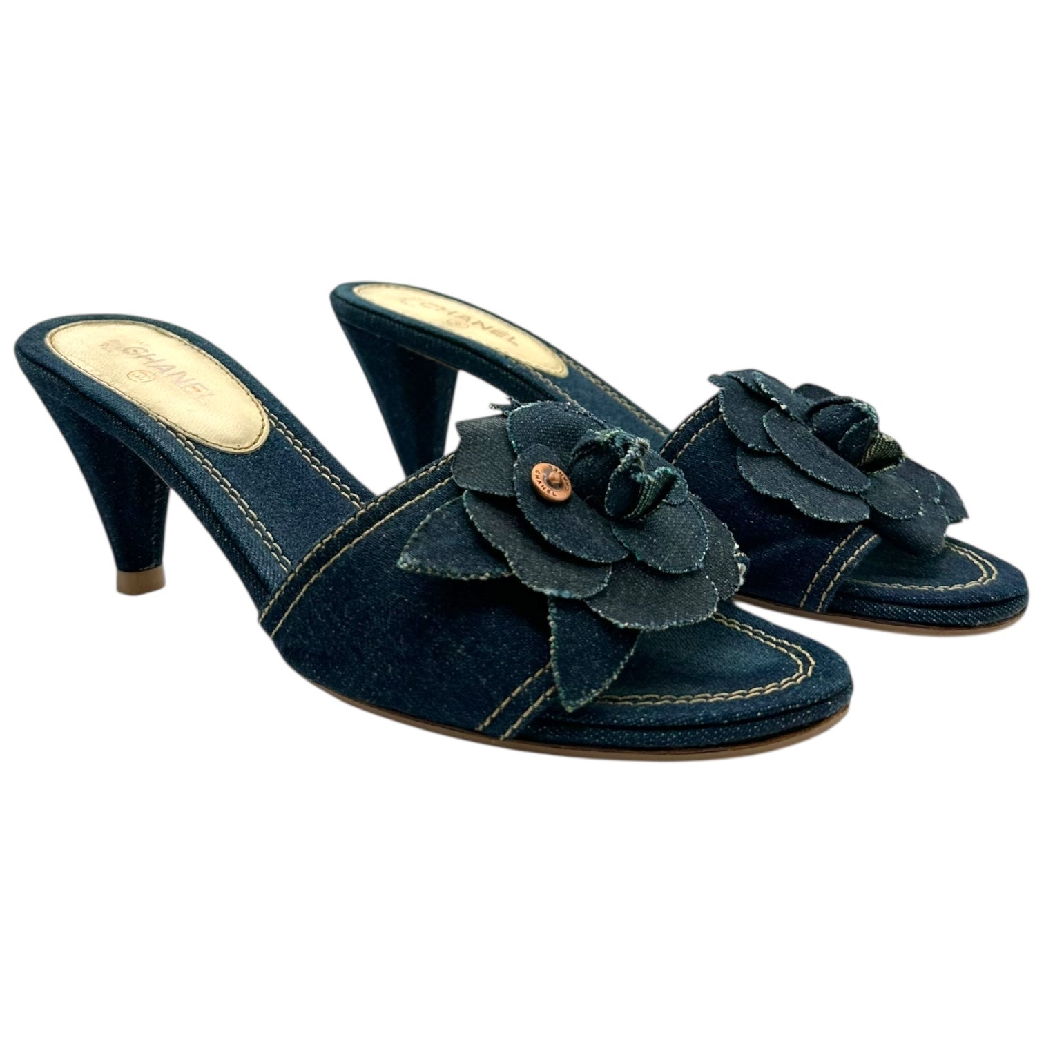 Chanel Denim Camellia Flower Mule Heels - Outfit Repeater