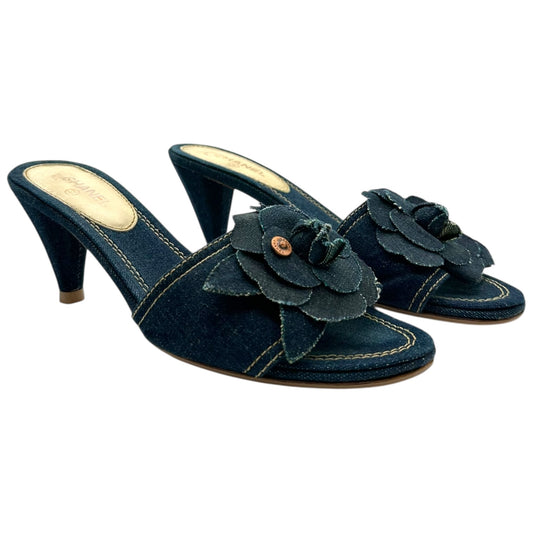 Chanel Denim Camellia Flower Mule Heels - Outfit Repeater