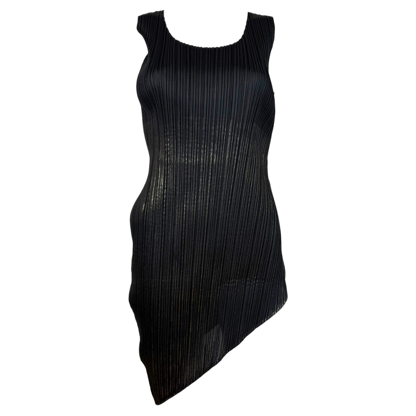 Issey Miyake Pleats Please Black & Metallic Asymmetrical Mini Dress Sz 4