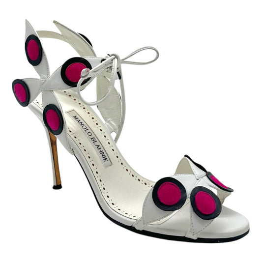 Manolo Blahnik White & Pink Leather Polka Dot Applique Strappy Heeled Sandals