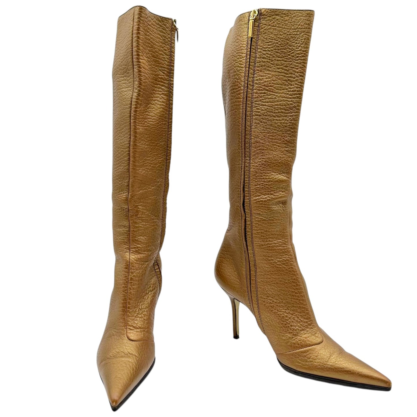 Dolce & Gabbana Gold Leather Pointed Toe Heeled Knee High Boots