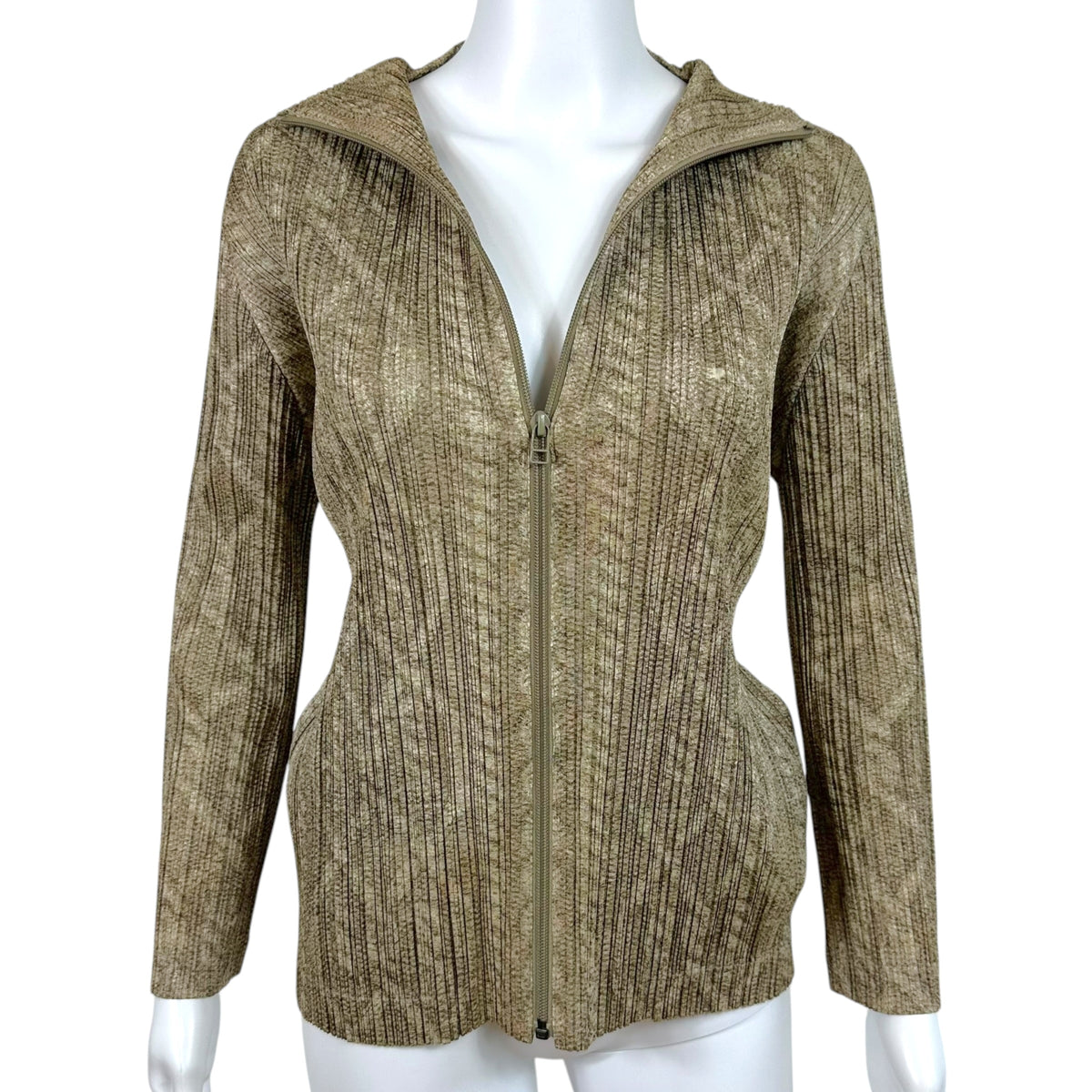 Issey Miyake Pleats Please Beige Cable Knit Print Pleated Zip Up Jacket Sz 3