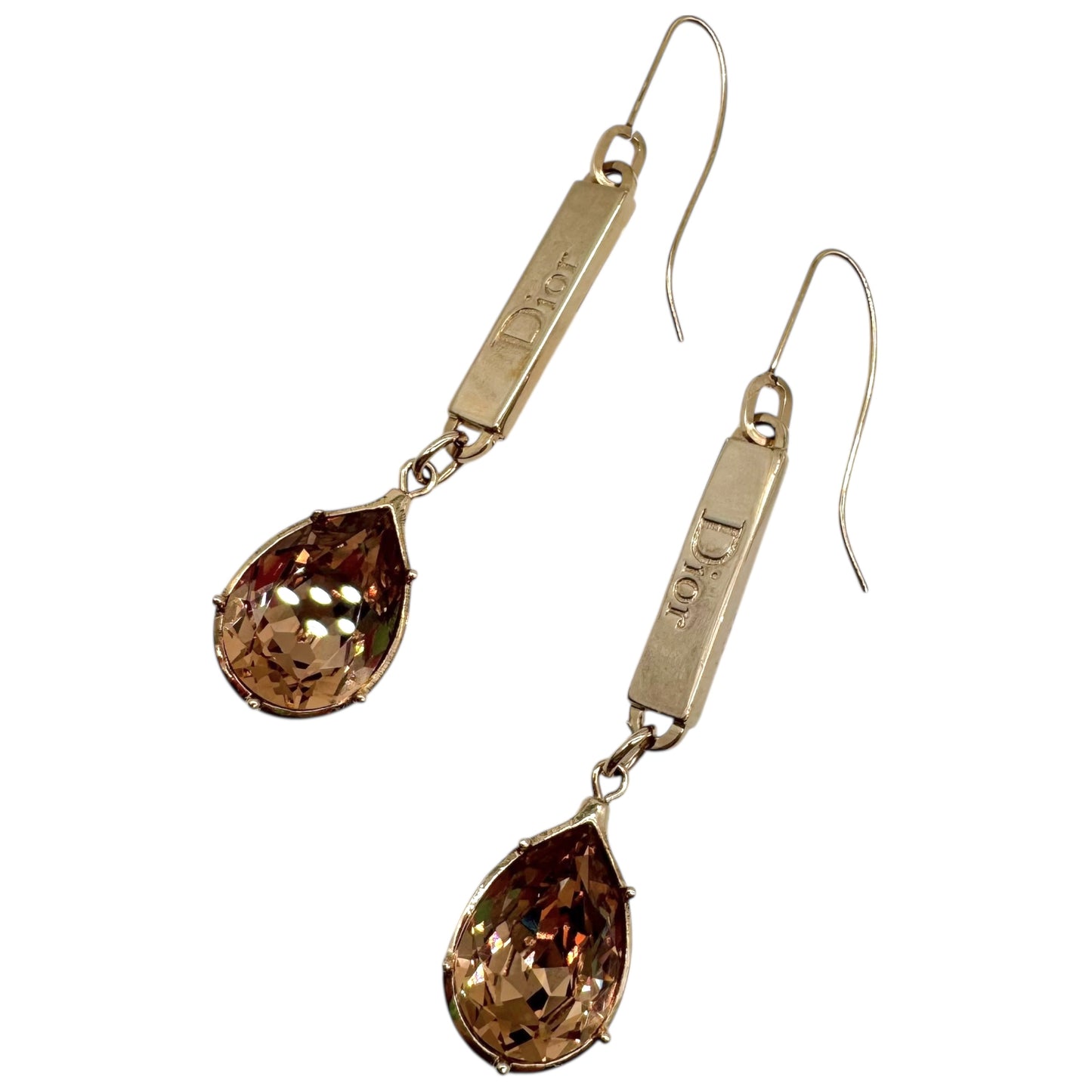 Christian Dior Gold Crystal Logo Dangly Earrings